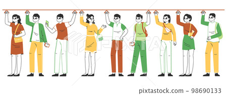 Public transport passengers, people holding subway or bus handles. Metro train diverse people crowd, passengers in train or tram flat vector illustration. Public transport passengers Public transport passengers, people holding subway or bus handles. Metro train diverse people crowd, passengers in train or tram flat vector illustration. Public transport passengers 98690133