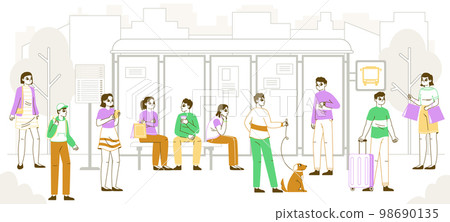 Passengers waiting bus on bus stop. Public transport, commuting, city bus standing and sitting on bench passenger characters flat vector illustration. Bus station waiting people 98690135