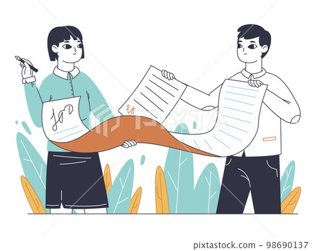 Business deal contract signing, electronic signature. Flat online signature, people signing official paper documents flat vector illustration. Business contract signing concept 98690137