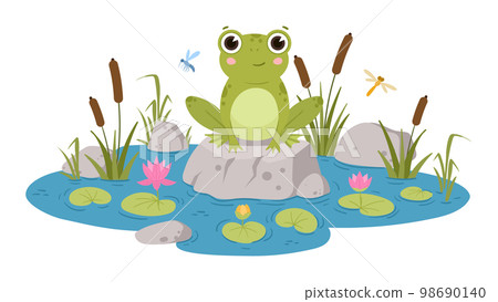 Cartoon frog sitting in pond, cute amphibia. Green toad in natural habitat, froggy water animal in pond with water lilies and reeds flat vector illustrations. Green frog character Cartoon frog sitting in pond, cute amphibia. Green toad in natural habitat, froggy water animal in pond with water lilies and reeds flat vector illustrations. Green frog character 98690140