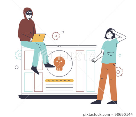 Cyber hacker attack, internet scam phishing concept. Online cyber crime, scammer hacks personal data or password protection flat vector illustration. Computer security breaking Cyber hacker attack, internet scam phishing concept. Online cyber crime, scammer hacks personal data or password protection flat vector illustration. Computer security breaking 98690144