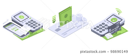 Isometric payment, smartphone and credit card. Mobile banking transaction, payment terminal online contactless payment flat symbols illustration set. Contactless payment scenes 98690149