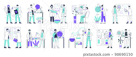Lab scientists, flat medical, chemistry development. Biotechnology lab workers, laboratory researching work symbols illustration collection. Chemical scientific experiment scenes set Lab scientists, flat medical, chemistry development. Biotechnology lab workers, laboratory researching work symbols illustration collection. Chemical scientific experiment scenes set 98690150