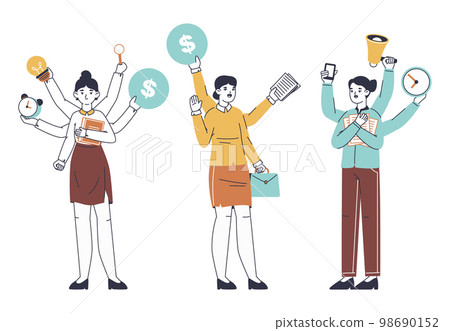Multitasking women, busy female office workers. Flat productive business lady, professional multitasking characters doing many things flat vector illustration set. Juggle business woman 98690152