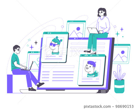 Non fungible token, cryptocurrency arts concept. Crypto art sale and buy, digital artist creating non fungible token via blockchain flat vector Illustration. Outline exclusive nft masterpieces Non fungible token, cryptocurrency arts concept. Crypto art sale and buy, digital artist creating non fungible token via blockchain flat vector Illustration. Outline exclusive nft masterpieces 98690153