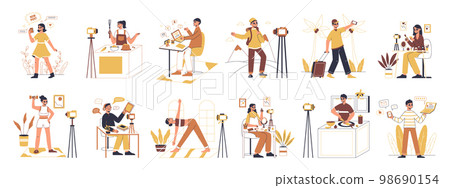 Online vloggers and bloggers, food, beauty and travel blogs. Flat internet content makers, social media photo and video creators flat symbols illustration set. Streaming bloggers collection 98690154
