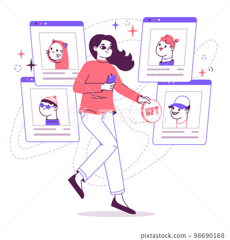 Non fungible token marketplace, digital crypto art scene. Woman selling or buying NFT tokens, exclusive NTF arts flat vector illustration. Cryptocurrency masterpiece collection Non fungible token marketplace, digital crypto art scene. Woman selling or buying NFT tokens, exclusive NTF arts flat vector illustration. Cryptocurrency masterpiece collection 98690168