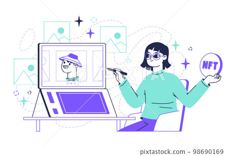 Non fungible token, digital nft arts market. People sale and buy crypto arts, artists creating non fungible token via blockchain flat vector Illustration. NFT crypto art scene 98690169