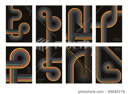 Retro abstract geometric posters, 70s striped backgrounds. Linear vintage 1970s halftone texture flat vector background set. Vintage color backdrops Retro abstract geometric posters, 70s striped backgrounds. Linear vintage 1970s halftone texture flat vector background set. Vintage color backdrops 98690176