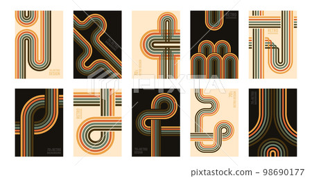 Vintage stripes 70s backgrounds, retro colours posters. Halftone texture, striped pattern covers template flat vector background set. Abstract retro banner collection 98690177