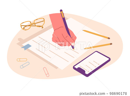 Writing human hand filling planner, taking notes or signing documents. Flat hand holding pen isolated flat symbols illustrations. Paperwork concept Writing human hand filling planner, taking notes or signing documents. Flat hand holding pen isolated flat symbols illustrations. Paperwork concept 98690178