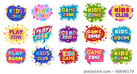 Cartoon kids play room badges, play zone labels. Entertainment children playroom, game zone party stickers flat vector symbols set. Colorful child playing zone badges collection 98690179