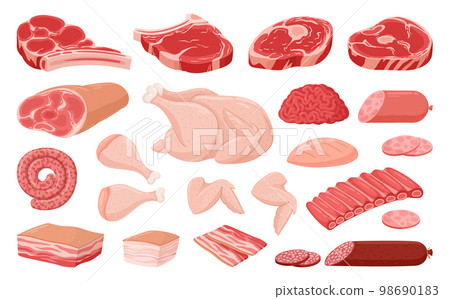 Cartoon meat, chicken breast, ribs, pork and beef steak. Raw meat food, bacon, burger patty, beef steak and sausages flat vector illustration collection. Butcher shop meat products 98690183