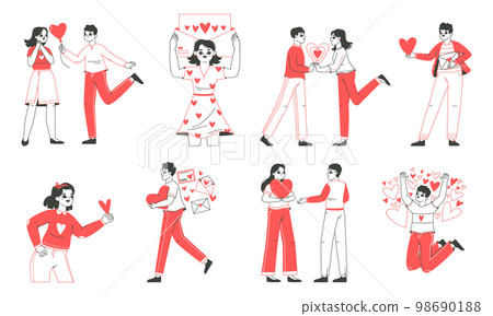 People sharing love, men and women carrying and giving hearts. Characters giving, donating love and care, love massages flat vector illustration set. Valentines day or philanthropy scenes collection 98690188