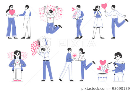 Love sharing, people sharing and giving hearts. Valentines day love massages, men and women giving hearts to each other flat vector illustration set. Characters with hearts collection 98690189