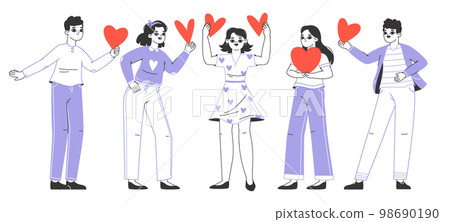 Flat people carrying and holding hearts. Love sharing, characters in love, standing together with hearts in hands flat vector illustration. Valentines day, love share concept Flat people carrying and holding hearts. Love sharing, characters in love, standing together with hearts in hands flat vector illustration. Valentines day, love share concept 98690190