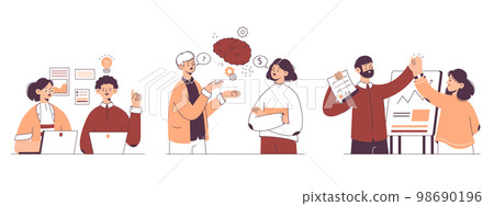 Business team brainstorming and conversation. Outline office workers discussion and presentation flat vector symbols illustrations set. Office business people workflow scenes 98690196