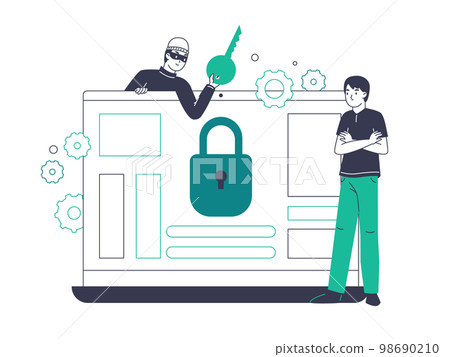 Hacker attack, cyber security breach, scam phishing. Outline internet cyber crime, personal data protection flat vector illustration. Internet cyber attack scene 98690210