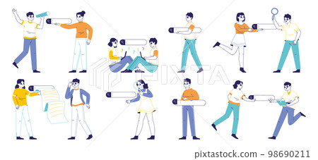 Search bars using, people browsing internet. Man and woman searching answer online, search bars browsing information flat vector illustration set. Web search bar users 98690211