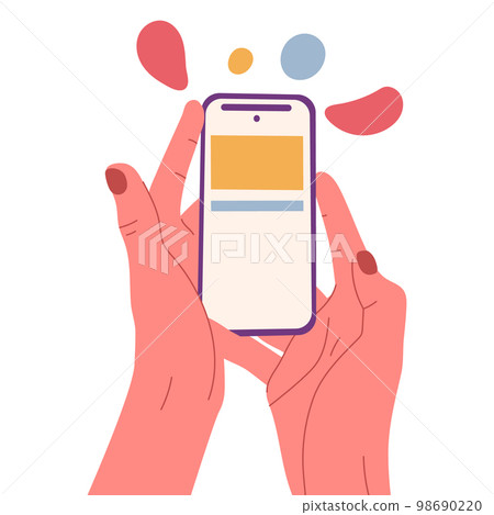 Cartoon hand holding cellphone, human hand touch smartphone screen. Hand holding gadget, fingers scrolling and tapping device screens flat symbols illustration. Mobile phone in hand 98690220