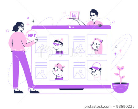 Crypto non fungible token, people sale and buy crypto art. Digital artists creating non fungible token via blockchain flat vector Illustration. Crypto art concept 98690223