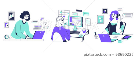 Distant freelancers, freelance creative workers. Remote office workers during workflow, freelancers work with computer vector symbols illustrations. Linear busy freelance characters Distant freelancers, freelance creative workers. Remote office workers during workflow, freelancers work with computer vector symbols illustrations. Linear busy freelance characters 98690225