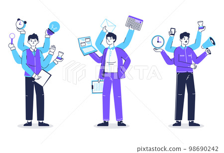 Productive, multitasking business people. Professional office workers doing many things simultaneously, multitasking characters flat vector illustration collection. Busy business people set 98690242