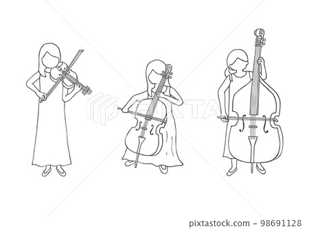 Hand-drawn illustration of a woman playing a stringed instrument (monochrome line drawing) Hand-drawn illustration of a woman playing a stringed instrument (monochrome line drawing) 98691128