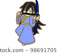 A female archer holding a blue bow and arrow 98691705