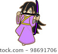 A female archer holding a purple bow and arrow 98691706