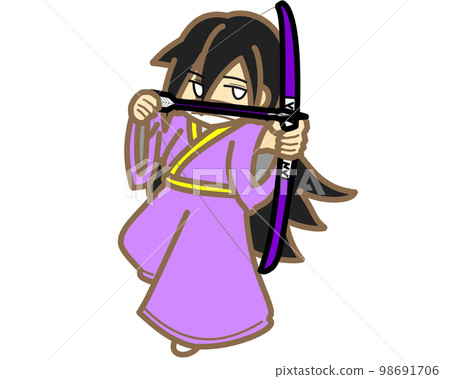 A female archer holding a purple bow and arrow A female archer holding a purple bow and arrow 98691706