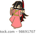 A female archer holding a red bow and arrow 98691707