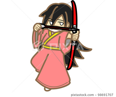A female archer holding a red bow and arrow A female archer holding a red bow and arrow 98691707
