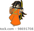 A female archer holding an orange bow and arrow 98691708