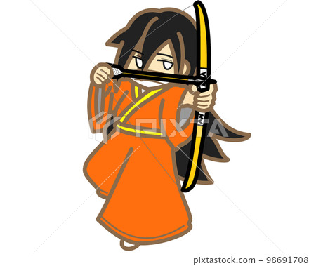 A female archer holding an orange bow and arrow 98691708