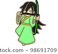 A female archer holding a green bow and arrow 98691709