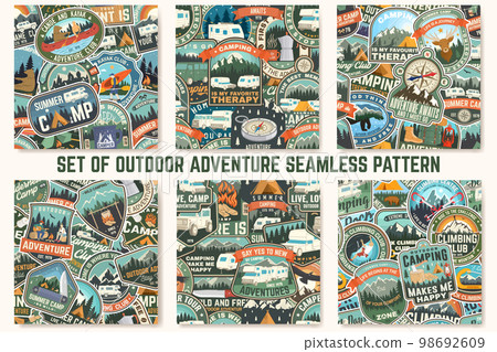 Set of Summer camp colorful seamless pattern with travel inspirational quotes. Vector. Background, wallpaper, seamless pattern with camper, camping climber, tent, mountain and forest silhouette. 98692609