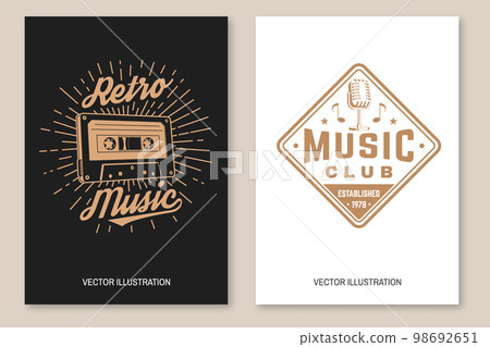 Retro music poster, banner. Retro Audio cassette tape with sunburst and microphone vintage typography design for t shirt, emblem, logo, badge design. Vector illustration 98692651