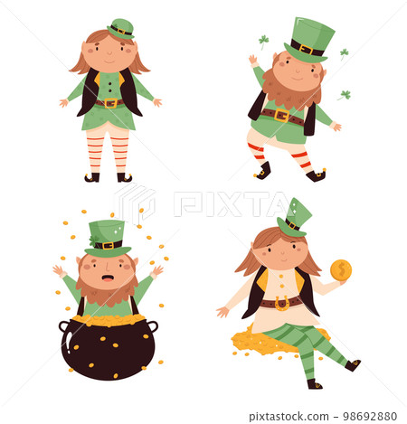 Set of cartoon leprechauns in traditional costumes and top hats 98692880
