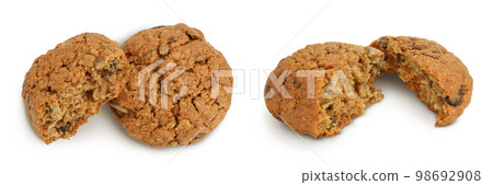 oatmeal cookies with flax, pumpkin and sunflower seeds isolated on white background with full depth of field. Top view. Flat lay oatmeal cookies with flax, pumpkin and sunflower seeds isolated on white background with full depth of field. Top view. Flat lay 98692908