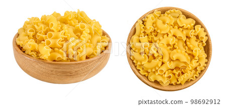 Pasta cornetti creste macaroni in wooden bowl isolated on white background with full depth of field Pasta cornetti creste macaroni in wooden bowl isolated on white background with full depth of field 98692912