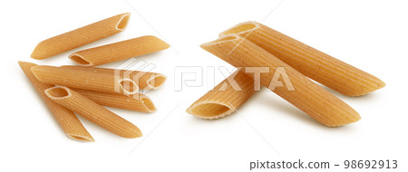 Wolegrain penne pasta from durum wheat isolated on white background with full depth of field. Top view. Flat lay, 98692913
