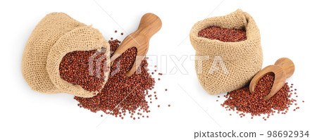 red quinoa seeds in bag isolated on white background with full depth of field. Top view. Flat lay. red quinoa seeds in bag isolated on white background with full depth of field. Top view. Flat lay. 98692934