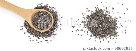 Chia seeds in wooden spoon isolated on white background with full depth of field. Top view. Flat lay. Chia seeds in wooden spoon isolated on white background with full depth of field. Top view. Flat lay. 98692935