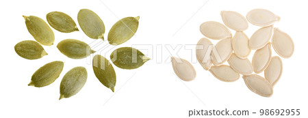 Pumpkin seeds or pepitas, isolated on white background. Top view. Flat lay 98692955