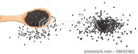 Black sesame seeds in a wooden spoon isolated on white background top view 98692962
