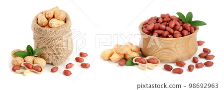 peanuts with leaf in bag isolated on white background 98692963