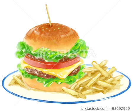 Watercolor illustration of a hamburger and fries with a delicious pick 98692969