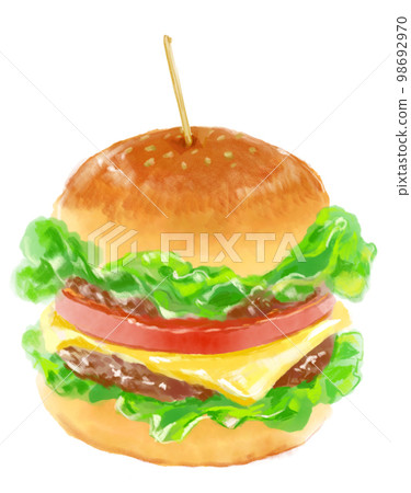 Watercolor illustration of a hamburger with a mouthwatering pick Watercolor illustration of a hamburger with a mouthwatering pick 98692970