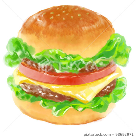 Watercolor illustration of mouthwatering hamburger 98692971